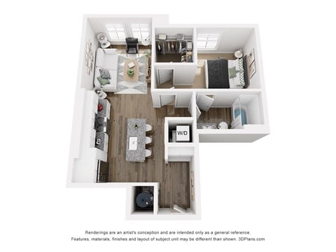 Floor plan for 1 bed, 1 bath, 646 sqft